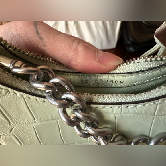 Tory Burch Mini Mint Croc-Embossed Wristlet with Crossbody Strap - Picture 8 of 11